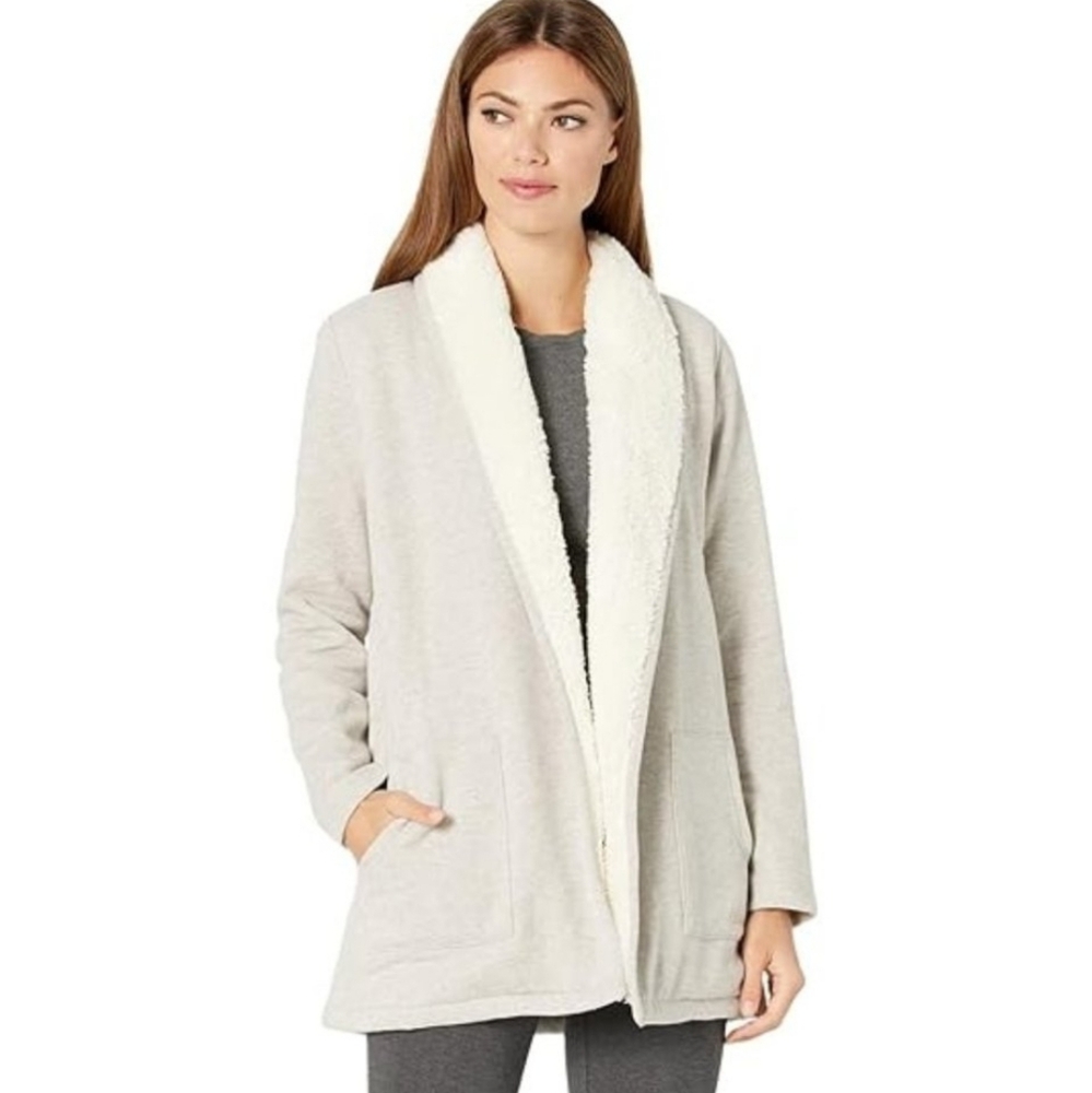 L.L. BEAN Sherpa Lined Cozy Open Cardigan Sweater Oatmeal Grey Melange Women XL